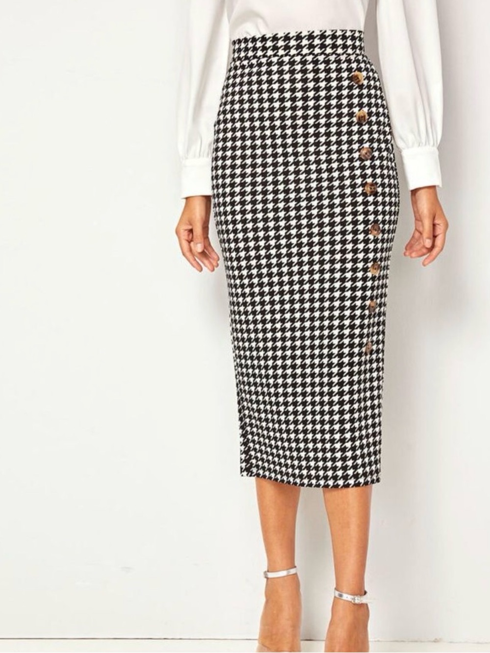 Button Front Split Back Houndstooth Skirt
